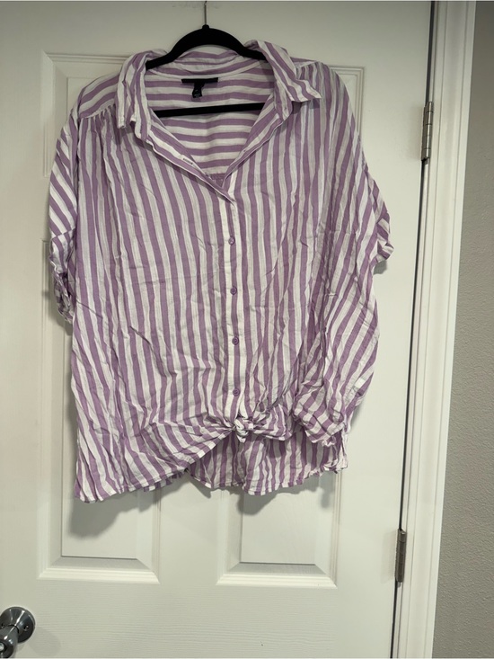 Lane Bryant Tops - Lane Bryant Lavender and White Striped Button-Front Tie Shirt